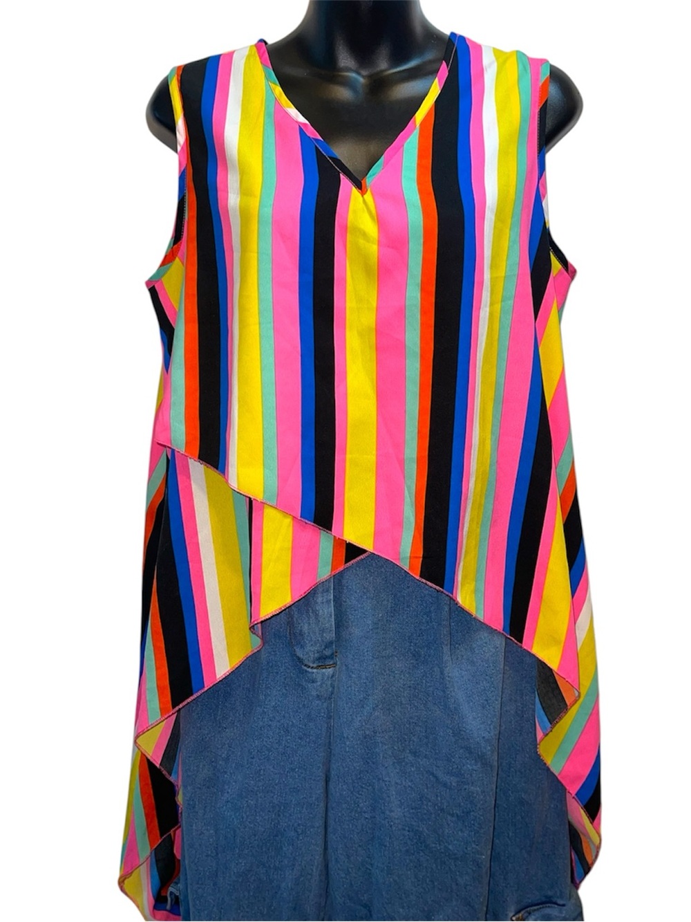 Sleeveless Hi/Lo V-Neck Tunic in Bright Multi-Stripe